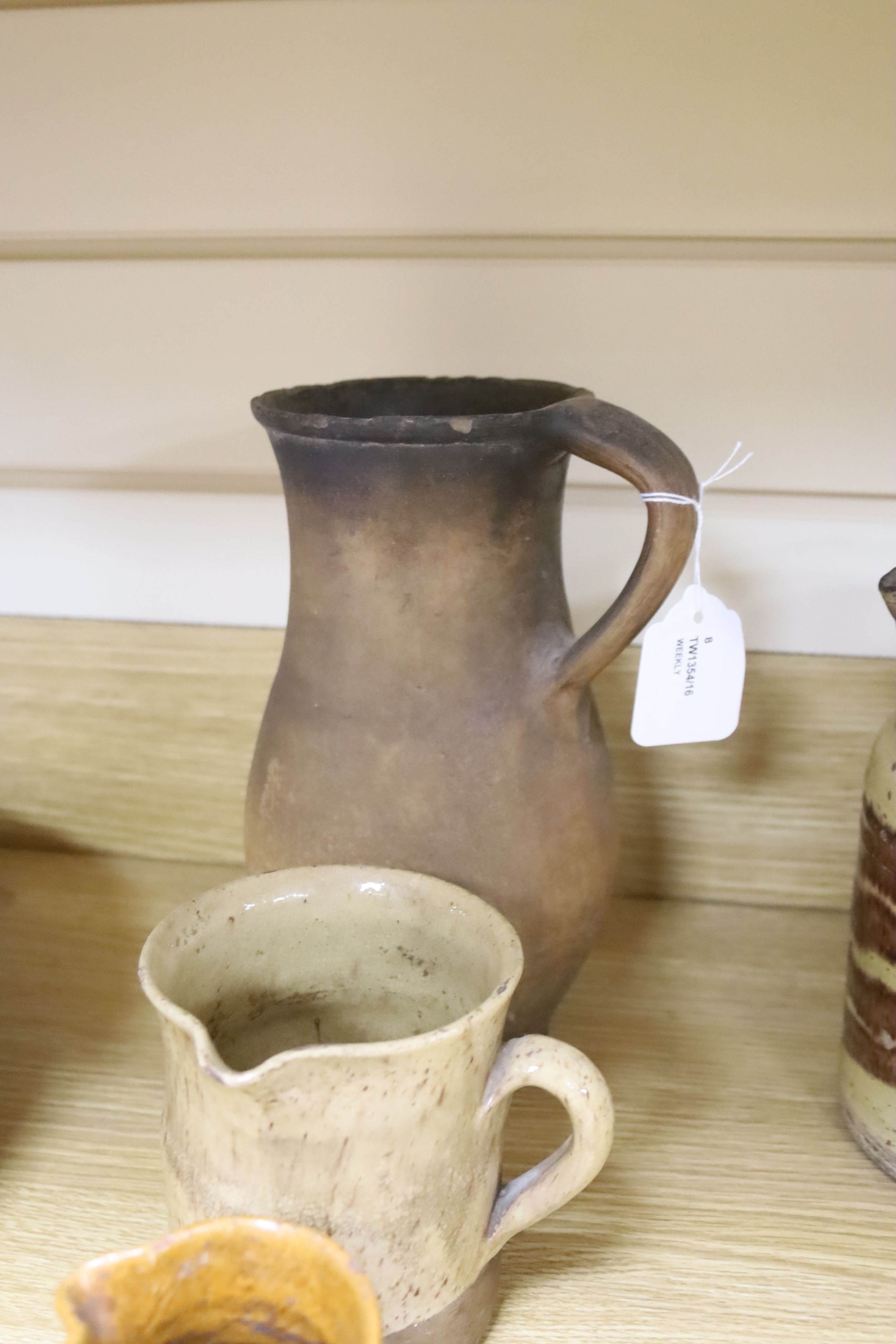 A collection of vintage French stoneware pottery, including a yellow ground bowl and matching vase, bowl 35cm